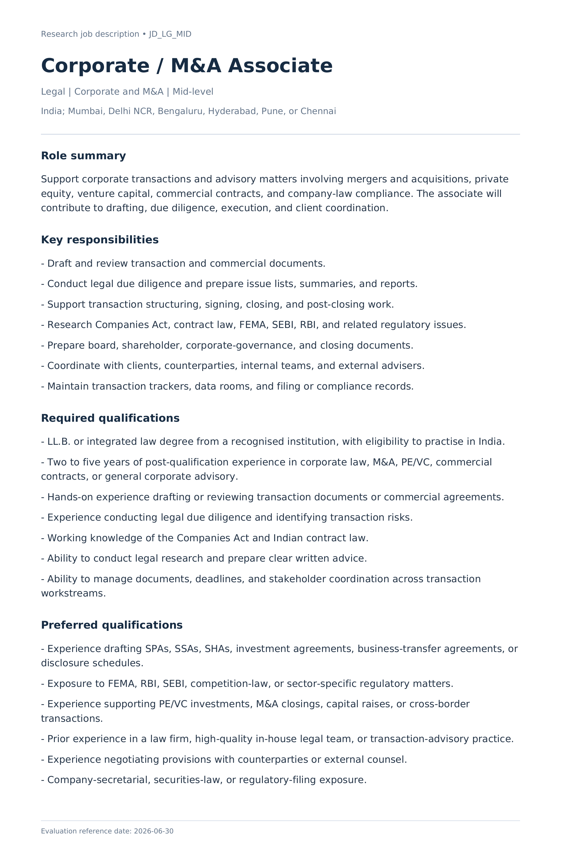 Full Corporate / M&A Associate job description, including responsibilities, required qualifications and preferred qualifications. An accessible text version follows.
